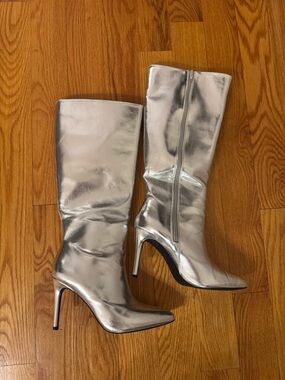 Silver High Heel Knee Boots - Women's Metallic Stiletto Boots